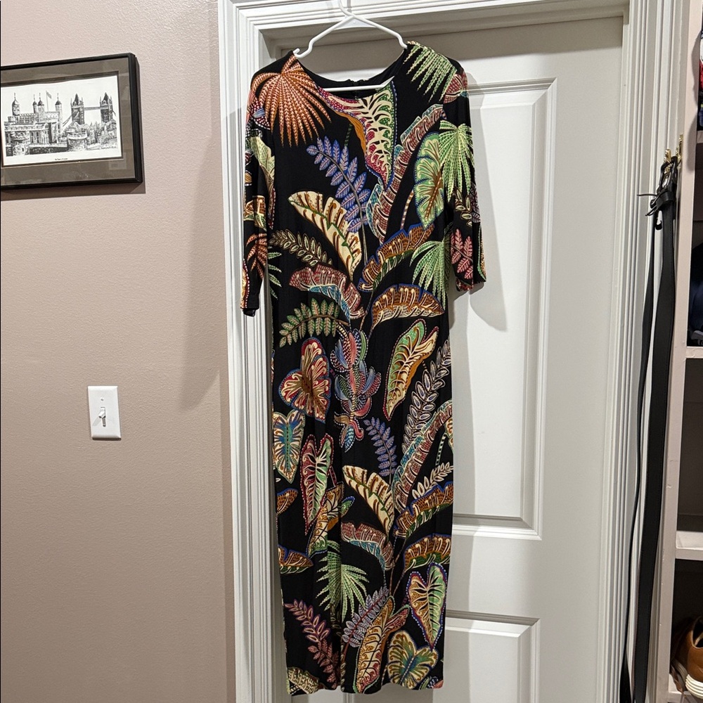 Farm Rio XL Elegant Black Leaf Print midi Dress EUC